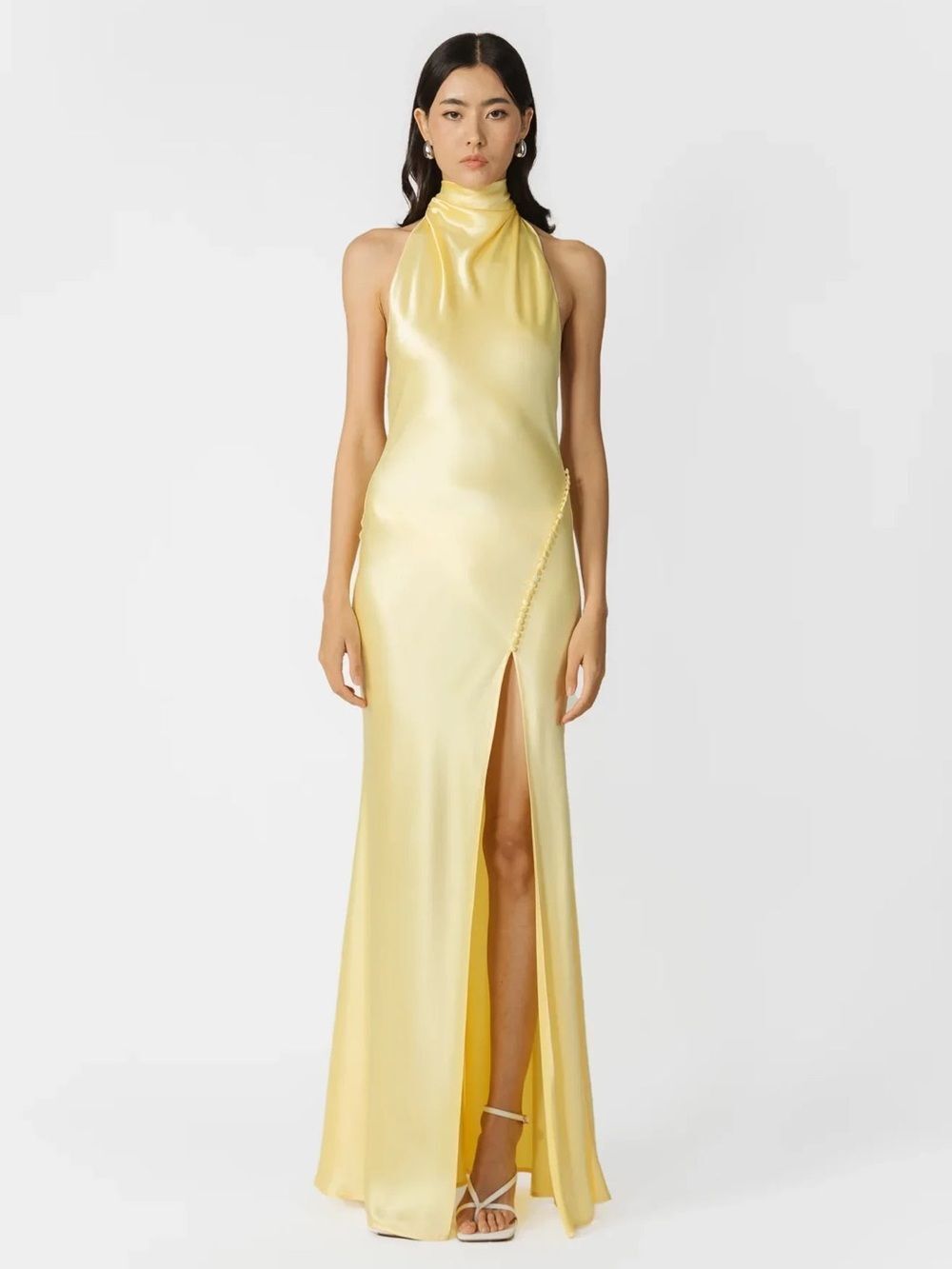 Sau Lee PENELOPE BACKLESS SATIN GOWN Elegant One-Shoulder Lemon Satin Gown DL3